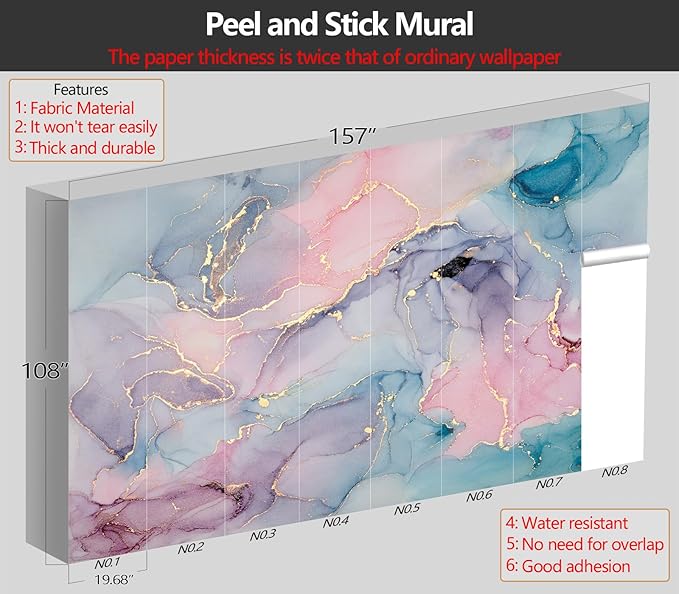 XMPMBM M01XL Peel and Stick Marble Wallpaper Pink Girls' Bedroom Bathroom Abstraction Art Colorful Textured Background Wall Mural- 157"x108"（118 Square Foot）