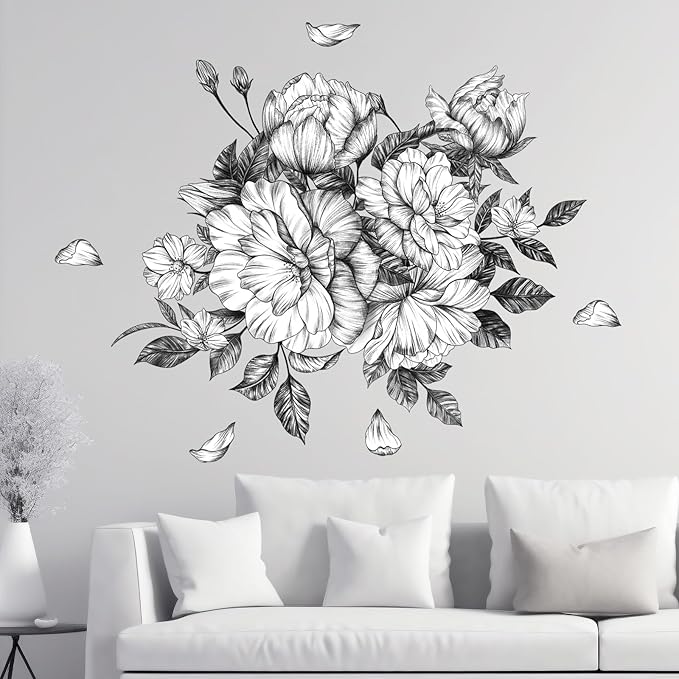 Zonon 6 Pcs Flowers Wall Decals Stickers Vinyl Removable Peel and Stick Colorful Dragonflies Floral Wall Murals Decor for Bedroom Living Room Nursery(Floral Peony)