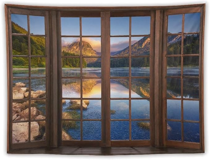 ZhiRain Mountain Scenery Tapestry Wall Hanging Through The Window Beautiful Lake Landscape Tapestries Home Decor for Living Room Bedroom Apartment Farmhouse Dorm 60"x80"