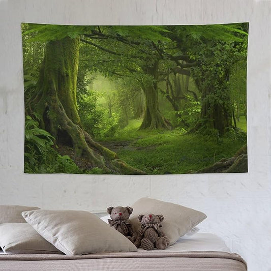 ZhiRain Misty Forest Tapestry Wall Hanging Green Tree in Jungle Forest Nature Scenery Woodland Backdrop Tapestries Home Decor for Living Room Bedroom Farmhouse Apartment Dorm 60"x90"