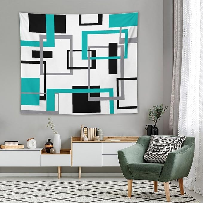 ZhiRain Teal Tapestry Wall Hanging Mid Century Modern Turquoise Abstract Aqua Black Grey Geometric White Backdrop Tapestries Home Decor for Living Room Bedroom Apartment Farmhouse 50"x60"