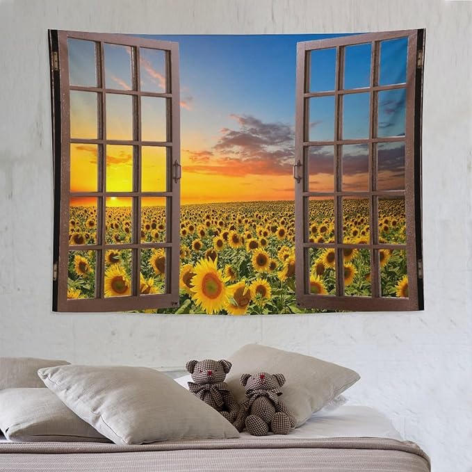 ZhiRain Sunflowers Scenery Tapestry Wall Hanging Through The Window Fields Sunset Landscape Tapestries Home Decor for Living Room Bedroom Apartment Farmhouse Dorm 60"x80"