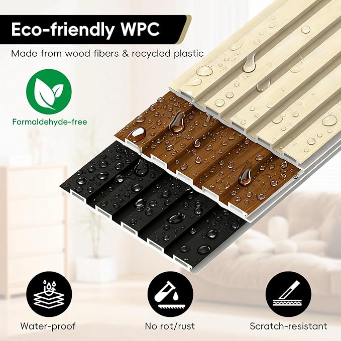 18Pack WPC Wainscoting Panels, 48.2 x 6.2 Inches 3D Accent Wall Panels for Interior Wall Decor, Fluted Wood Paneling for Living Room, TV Background, Office, Bedroom (Teak)