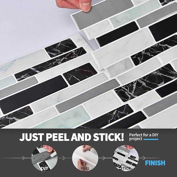 Art3d 11.8"x 11.8" Peel and Stick Vinyl Tiles, Self Adhesive Removable Stick On Kitchen Backsplash, Marble Black (10-Sheet)