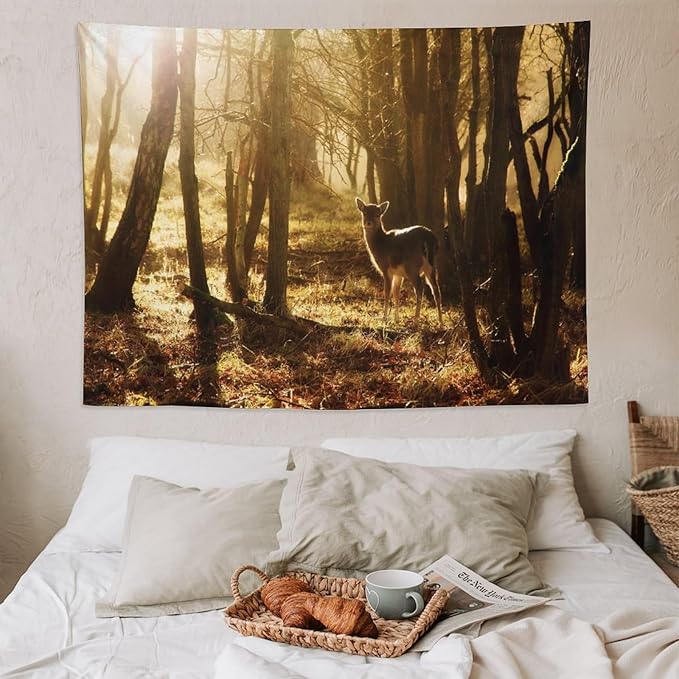 ZhiRain Forest Tapestry Wall Hanging Natural Forest And Deer at Sunset Pattern Tapestries Home Decor for Living Room Bedroom Apartment Farmhouse Dorm 60"x80"