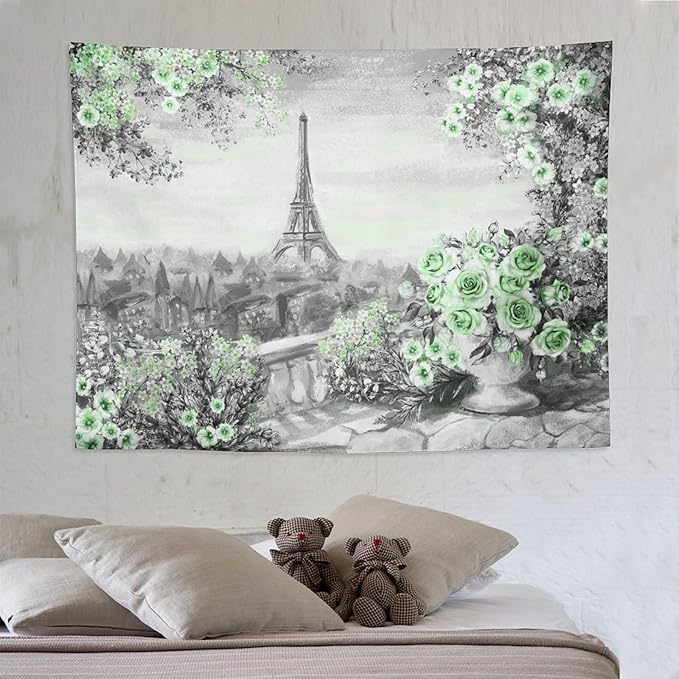 ZhiRain Vintage Paris Tapestry Wall Hanging Eiffel Tower Green Rose Flower Spring Cityscape Gray Tapestries Home Decor for Living Room Bedroom Apartment Farmhouse Dorm 60"x80"