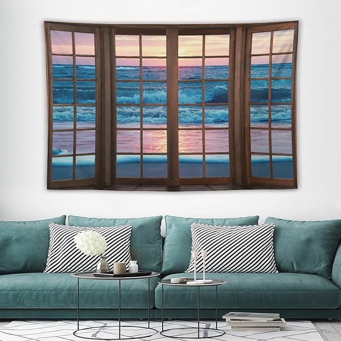 ZhiRain Landscape Tapestry Wall Hanging Beach Sand Ocean Waves Seaside Brown Window View Tapestries Home Decor for Living Room Bedroom Apartment Farmhouse Dorm 40"x60"