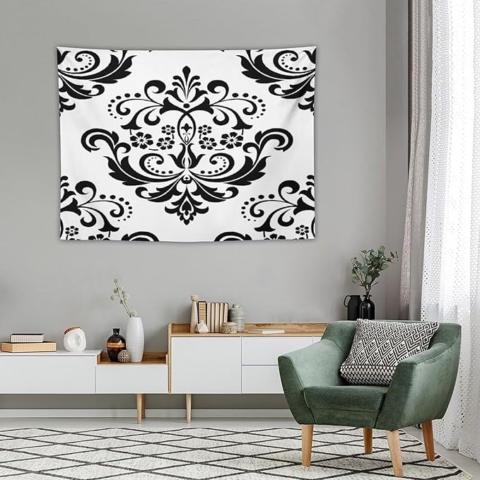 ZhiRain Baroque Damask Floral Pattern Tapestry Wall Hanging Flowers on Black And White Antique Gothic Tapestries Home Decor for Living Room Bedroom Farmhouse Apartment Dorm 30"x40"