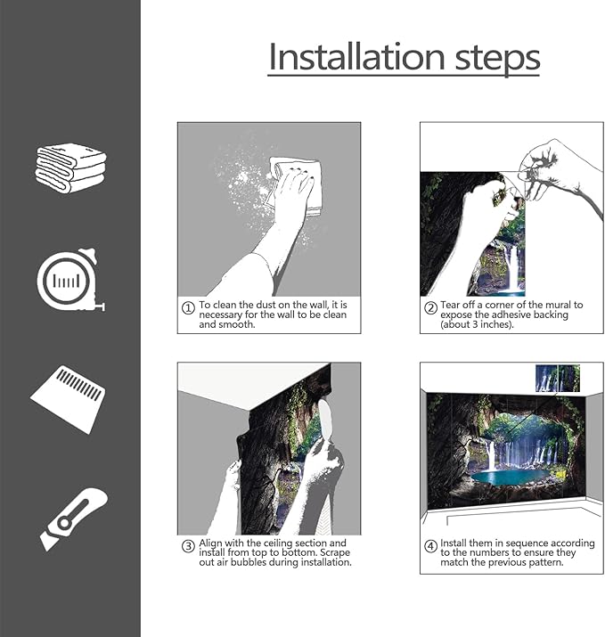 YQWDMX - 3D Cave Waterfall Peel and Stick Wallpaper Mural for Bedroom ZY07 L