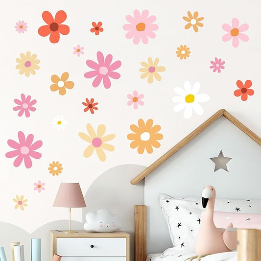 12 Sheets Daisy Wall Decals Boho Flower Wall Stickers Cute Kids Girls Room Decor Peel and Stick Floral Decals Toddler Nursery Playroom Living Room Bedroom Classroom Retro Hippie Decor Fresh Style