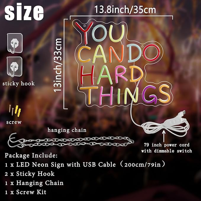 You Can Do Hard Things Neon Sign,Motivational LED Signs for Wall Decor,USB Powered Dimmable Neon Light for Classroom Office Library Kids Wall Art Bedroom Game Room Birthday Party Backdrop Decoration