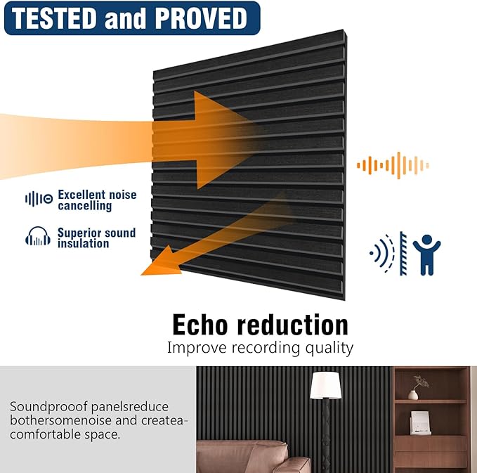 Acoustic Panels,Wood Slat for Wall & Soundproofing Wall Panels，3D Wall Panels High Density Sound Dampening Panels，4 Pack 24"x24" ，Black