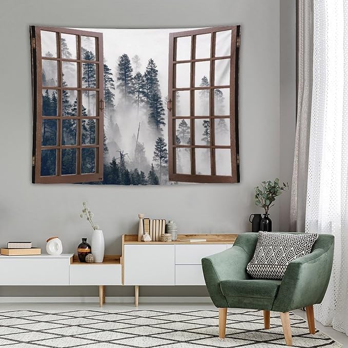 ZhiRain Misty Forest Landscape Tapestry Wall Hanging Wooden Window Forest Mountain Tree Scenery Tapestries Home Decor for Living Room Bedroom Apartment Farmhouse Dorm 60"x80"