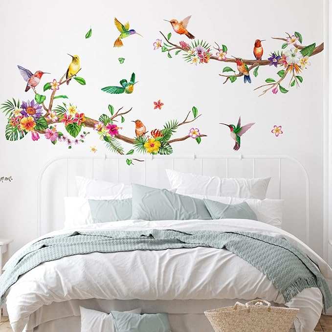 Zonon 6 Pcs Flowers Wall Decals Stickers Vinyl Removable Peel and Stick Colorful Dragonflies Floral Wall Murals Decor for Bedroom Living Room Nursery(Hummingbirds)