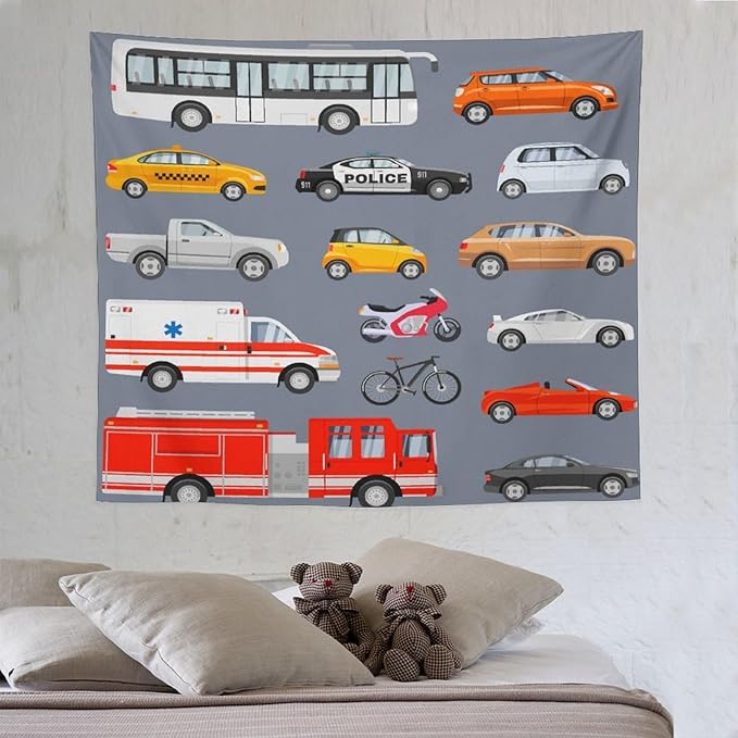 ZhiRain Transportation Tapestry Wall Hanging Various Vehicles Cartoon Cars Bus Police Car, Ambulance Tapestries Home Decor for Living Room Bedroom Apartment Farmhouse Dorm 50"x60"
