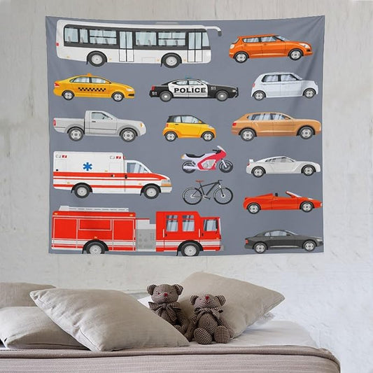 ZhiRain Transportation Tapestry Wall Hanging Various Vehicles Cartoon Cars Bus Police Car, Ambulance Tapestries Home Decor for Living Room Bedroom Apartment Farmhouse Dorm 50"x60"