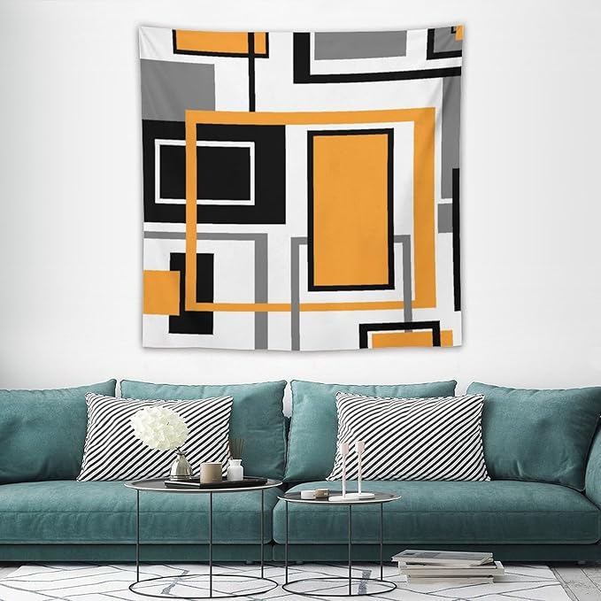 ZhiRain Modern Orange Tapestry Wall Hanging Geometric Gray Abstract Black And Grey Tapestries Home Decor for Living Room Bedroom Farmhouse Apartment Dorm 60"x60"