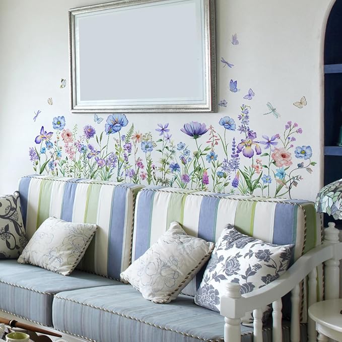 2 Pieces Purple Flowers Wall Decals Vinyl Purple Flowers Wall Stickers Removable Floral Art Murals Peel and Stick Colorful Decor for Girls Bedroom Living Room Nursery