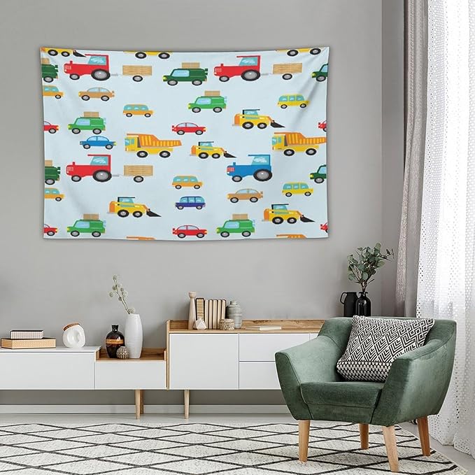 ZhiRain Cartoon Cars Print Tapestry Wall Hanging for Kids Room Cartoon Shovel And Trucks Blue Tapestries Home Decor for Living Room Bedroom Apartment Farmhouse Dorm 40"x60"