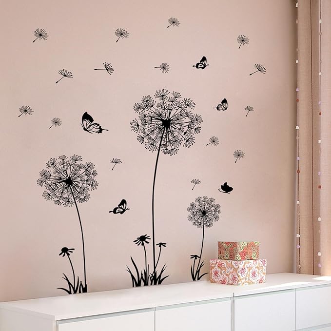 2 Sheets Dandelion Wildflower Wall Decals Art, Wall Art Stickers Peel and Stick Floral Butterflies Flying Decor for Girls Kids Women Baby Nursery Living Room Bedroom Bathroom Hallway Stairwell(Black)