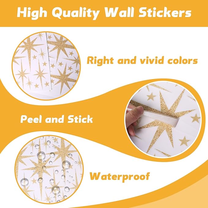 104 Pcs Star and Moon Wall Decals - Peel and Stick Window Clings Glitter Stars Wall Stickers for Living Room, Bedroom, Nursery Decor