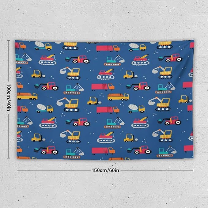 ZhiRain Cartoon Cars Print Tapestry Wall Hanging for Kids Room Cartoon Shovel And Trucks Blue Tapestries Home Decor for Living Room Bedroom Apartment Farmhouse Dorm 40"x60"