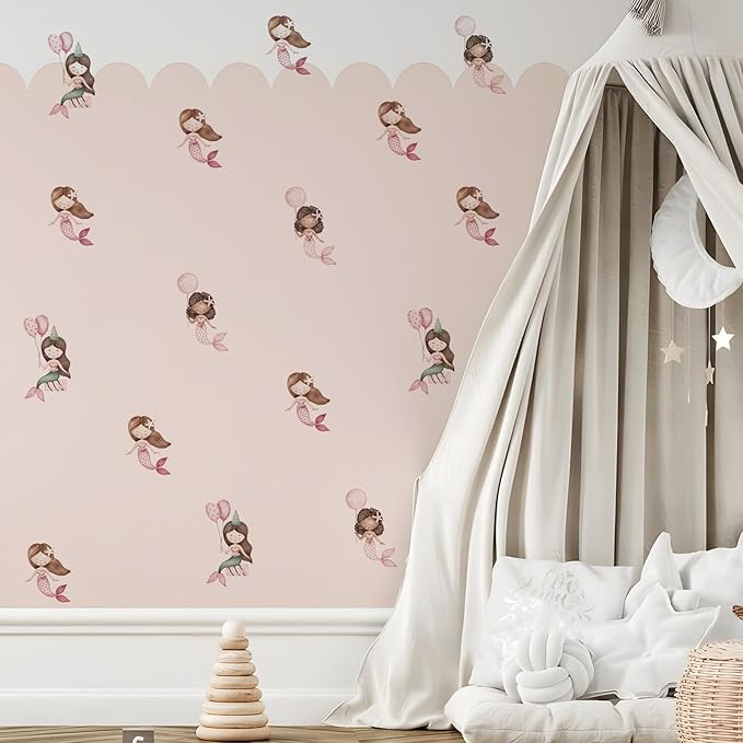 YouRfocus Mermaid Wall Decals | 24 PCS Boho Mermaid Stickers for Girls' Rooms, Playrooms, and Nurseries | Dual Layer Print for High Coverage | Removable Peel and Stick Wall Decor (Pink) | 6 Sheets