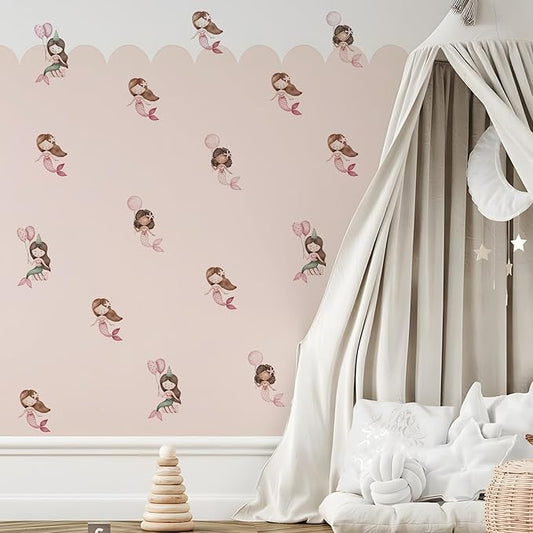 YouRfocus Mermaid Wall Decals | 24 PCS Boho Mermaid Stickers for Girls' Rooms, Playrooms, and Nurseries | Dual Layer Print for High Coverage | Removable Peel and Stick Wall Decor (Pink) | 6 Sheets