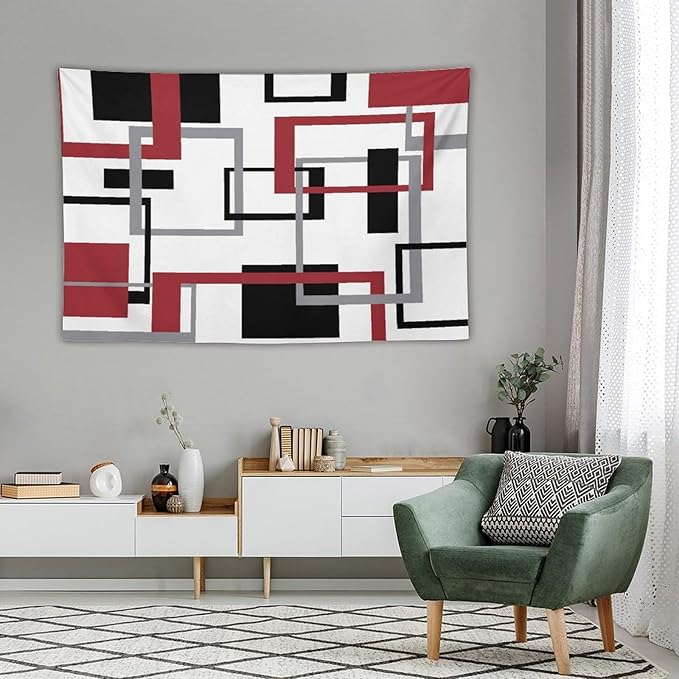 ZhiRain Red Tapestry Wall Hanging Mid Century Modern Geometric Abstract Red Black Grey Square White Backdrop Tapestries Home Decor for Living Room Bedroom Apartment Farmhouse Dorm 60"x90"