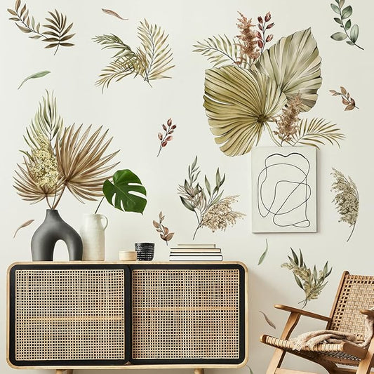 Yeysynana Wall Decals Boho Palm Leaf Wall Stickers Removable Tropical Palm Leaves Wall Art Decals for Bedroom Living Room Sofa TV Background Home Decor