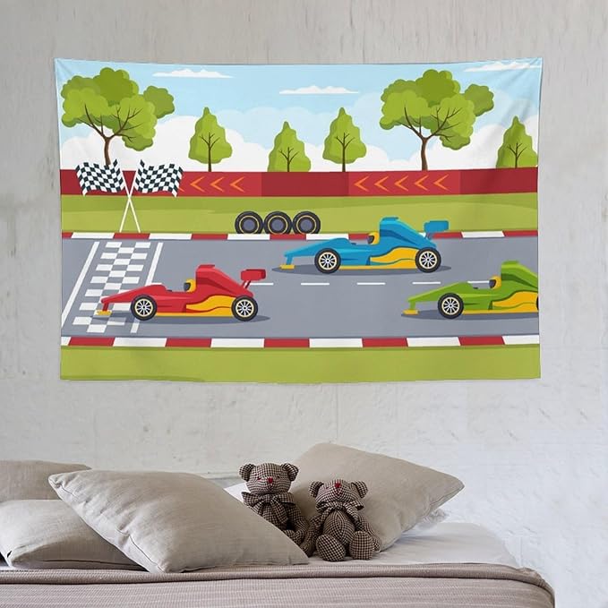 ZhiRain Race Car Tapestry Wall Hanging Cartoon Racing Car Track Formula Racer Sports Finish Line Tapestries Home Decor for Living Room Bedroom Apartment Farmhouse Dorm 40"x60"