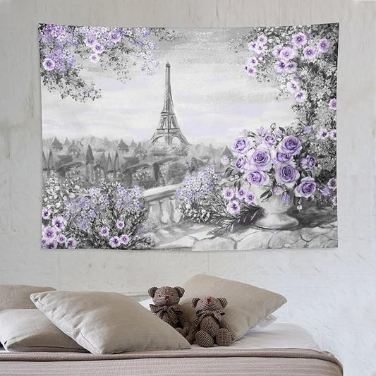 ZhiRain Vintage Paris Tapestry Wall Hanging Eiffel Tower Purple Rose Flower Spring Cityscape Gray Tapestries Home Decor for Living Room Bedroom Apartment Farmhouse Dorm 60"x80"