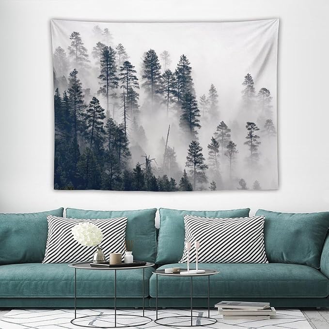 ZhiRain Misty Forest Landscape Tapestry Wall Hanging Wooden Window Forest Mountain Rustic Tapestries Home Decor for Living Room Bedroom Apartment Farmhouse Dorm 60"x80"