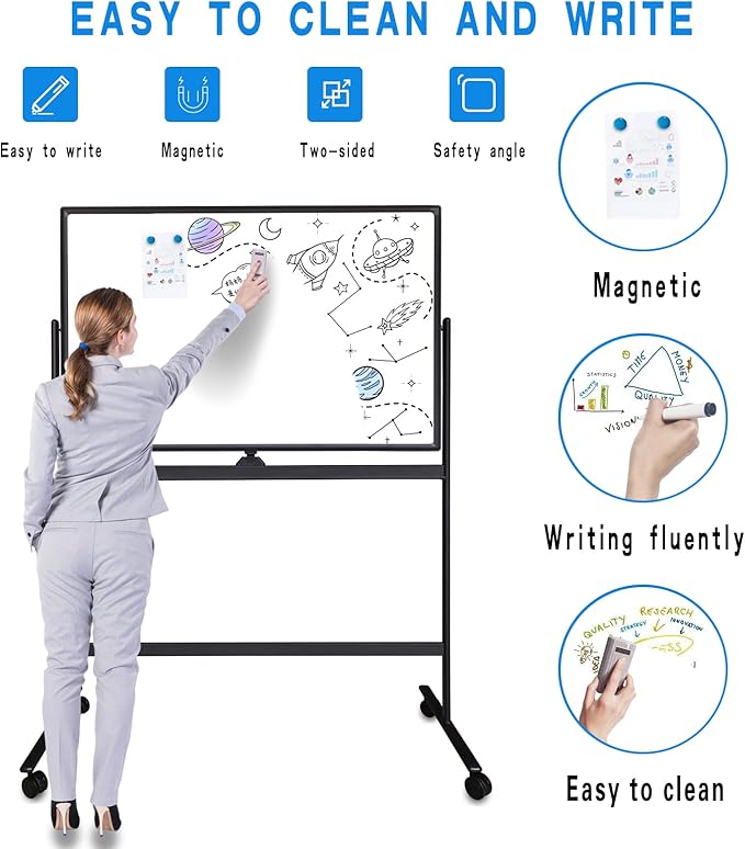 32x48 Inches Industrial-Grade Mobile Dry Erase Whiteboard with Lockable Rolling Stand - Double-Sided Magnetic Whiteboard, Height & Angle Adjustable for Office, Classroom & Workshop Black