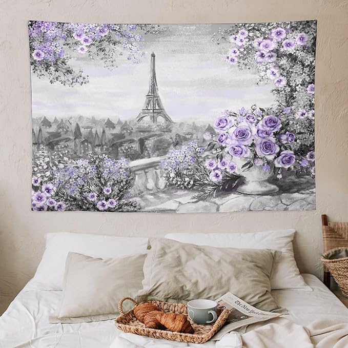 ZhiRain Vintage Paris Tapestry Wall Hanging Eiffel Tower Purple Rose Flower Spring Cityscape Gray Tapestries Home Decor for Living Room Bedroom Apartment Farmhouse Dorm 40"x60"