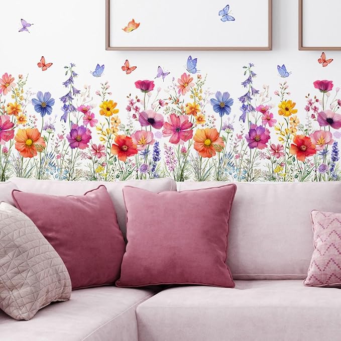 2 Pieces Flowers Wall Decals Vinyl Flowers Wall Stickers Removable Floral Murals Peel and Stick Colorful Flower Decor for Girls Bedroom Living Room Nursery (Bright)