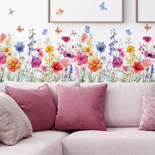 2 Pieces Flowers Wall Decals Vinyl Flowers Wall Stickers Removable Floral Murals Peel and Stick Colorful Flower Decor for Girls Bedroom Living Room Nursery (Bright)