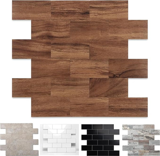 20-Pack Peel and Stick Tile Backsplash 12"X12" PVC Wall Tiles, Stick on Backsplash for Kitchen, Bathroom Tile, Fireplace Décor, Laundry Table, Stair Decals in Brown Woodgrain