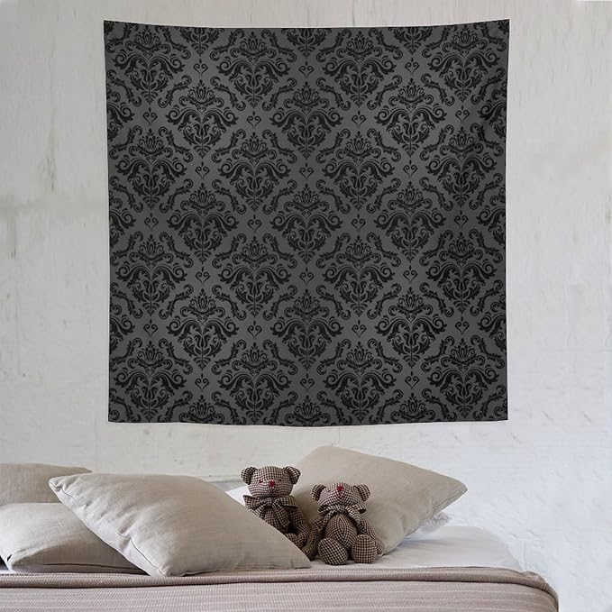 ZhiRain Black Damask Floral Tapestry Wall Hanging Vintage Classic Flower Pattern Printed Tapestries Home Decor for Living Room Bedroom Farmhouse Apartment Dorm 60"x60"