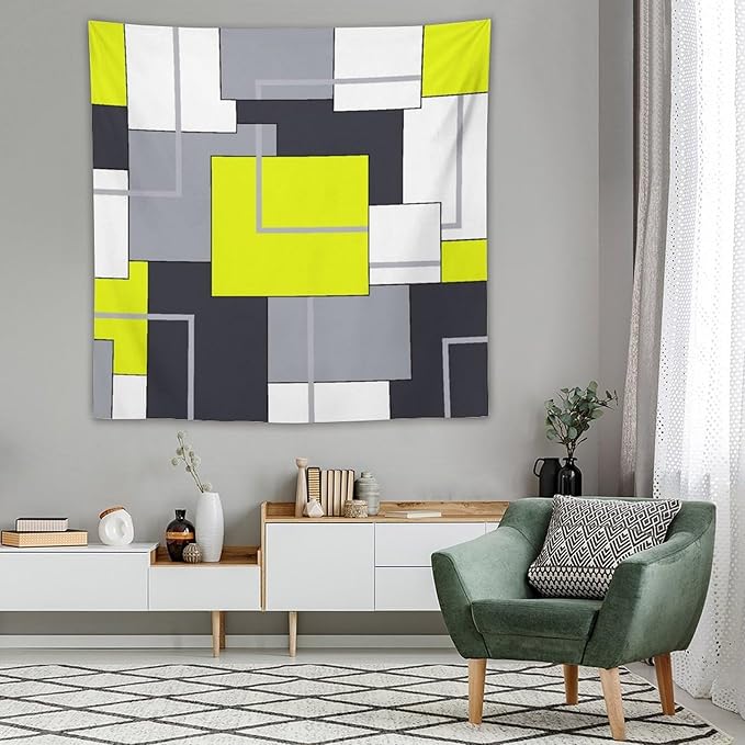 ZhiRain Yellow Gray Tapestry Wall Hanging Modern Black White Geometric Abstract Aesthetic Tapestries Home Decor for Living Room Bedroom Farmhouse Apartment Dorm 60"x60"