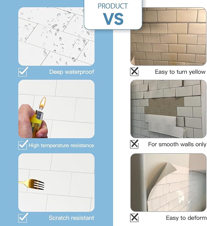 5-Pack Peel and Stick Tile Backsplash 12"X12" PVC Wall Tiles, Stick on Backsplash for Kitchen, Bathroom Tile, Fireplace Décor, Laundry Table, Stair Decals in Polished Cream White