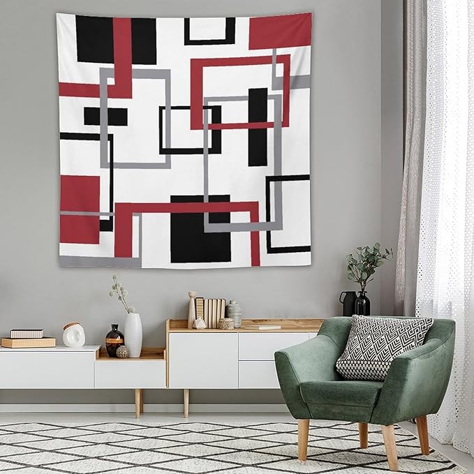 ZhiRain Red Tapestry Wall Hanging Mid Century Modern Geometric Abstract Red Black Grey Square White Backdrop Tapestries Home Decor for Living Room Bedroom Apartment Farmhouse Dorm 60"x60"