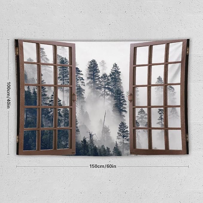 ZhiRain Misty Forest Landscape Tapestry Wall Hanging Wooden Window Forest Mountain Tree Scenery Tapestries Home Decor for Living Room Bedroom Apartment Farmhouse Dorm 40"x60"