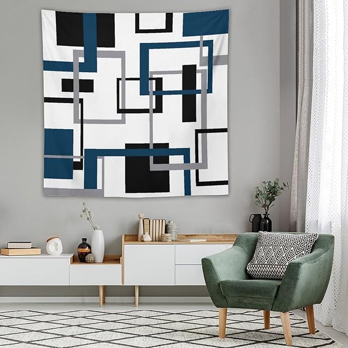 ZhiRain Navy Blue Tapestry Wall Hanging Mid Century Modern Geometric Abstract Navy Black Grey Square White Backdrop Tapestries Home Decor for Living Room Bedroom Apartment Farmhouse 60"x60"