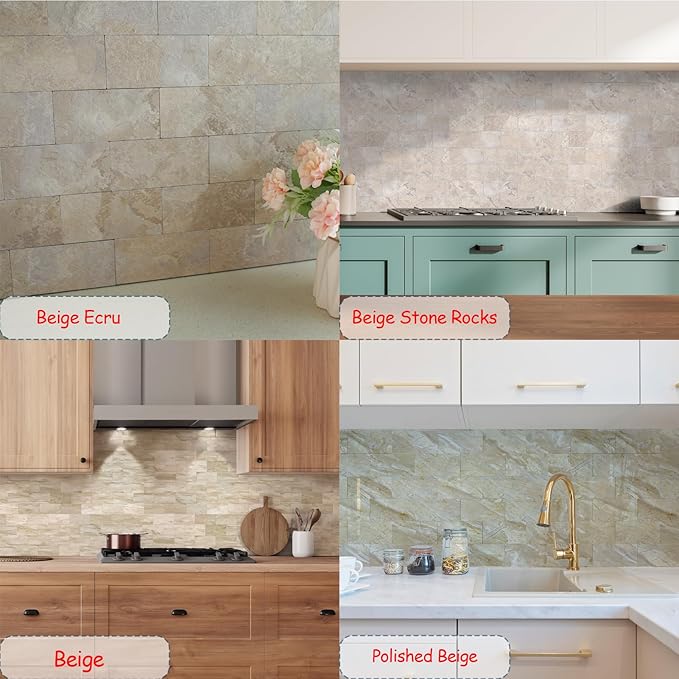 10-Pack Peel and Stick Tile Backsplash 12"X12" PVC Wall Tiles, Stick on Backsplash for Kitchen, Bathroom Tile, Fireplace Décor, Laundry Table, Stair Decals in Light Beige Stone