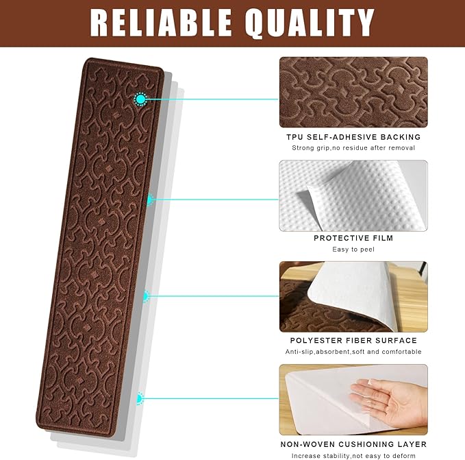 15Pcs Stair Treads for Wooden Steps Indoor with Self Adhesive, 8"x30" Non Slip Stair Runners-Peel & Stick Indoor Stair Carpet Runner, Resistant Indoor Runner for Kids、Elders and Pets, Brown