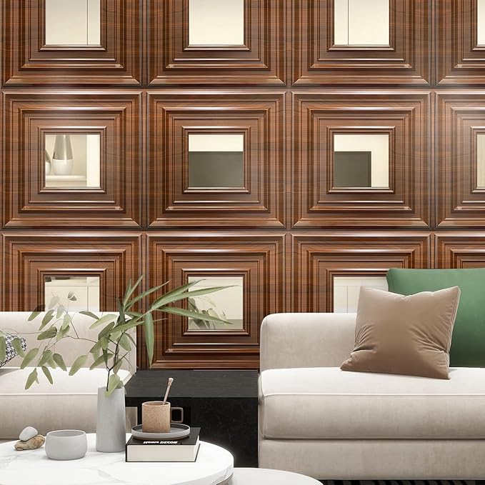 12 Pack PVC Ceiling Tiles 19.7"x19.7" – Silver Mirror & Wood Grain 3D Wall Panels for Wall and Ceiling Decoration,Cover 32.3 Sq.Ft – Waterproof,Lightweigh(Dark Brown, Silver)
