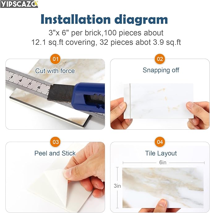 Yipscazo Peel and Stick backsplash 3 x 6 Inches 3D PVC Composite Wall Tile Stick on Backsplash Tile for Kitchen Bathroom, Laundry Room, Fireplace(Polished Marble, 100 Pieces)