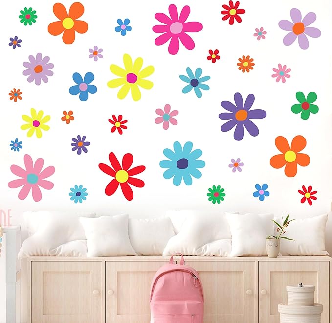 12 Sheets Daisy Wall Decals Boho Flower Wall Stickers Cute Kids Girls Room Decor Peel and Stick Floral Decals Toddler Nursery Playroom Living Room Bedroom Classroom Retro Hippie Decor Bright Style