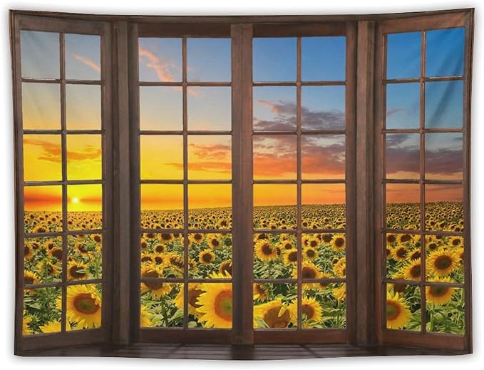 ZhiRain Sunflowers Landscape Tapestry Wall Hanging Through The Window Fields Sunset Scenery Tapestries Home Decor for Living Room Bedroom Apartment Farmhouse Dorm 30"x40"